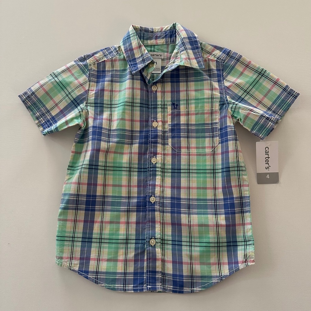 Carter’s Boys 4 Plaid Short Sleeve Shirt Blue Green Pink Spring Summer Easter